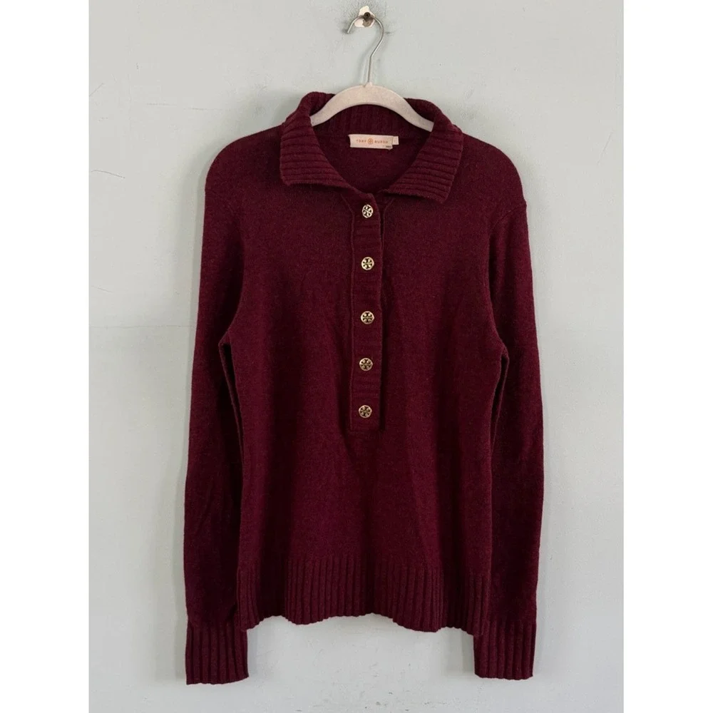 Tory Burch Audra Mock Neck Wool‎ Cashmere Red Purple Henley Sweater
